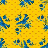 hand dragen fågel flygande med blomma ro på polka punkt mönster bakgrund. tropisk årgång sömlös skriva ut. vektor illustration för design, mode, textil, hälsning kort, inbjudan, omslag papper