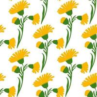 botanisch Pflanze Blumen Löwenzahn nahtlos Muster Vektor Illustration. Gänseblümchen Ast mit Gelb Blume auf Weiß Hintergrund. Grafik Design zum Gruß, Banner, Urlaub, Feier, Mode, Startseite