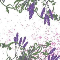 Hand gezeichnet Lavendel Blumen auf Weiss, abstrakt Blumen- Muster Startseite Design. blühen Grün Geäst, modisch künstlerisch Hintergrund. Grafik Vektor Illustration Hochzeit, Poster, Gruß Karte, Zeitschrift