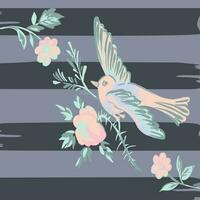 Zeichnung Vogel fliegend mit Blume Rosen tropisch Jahrgang drucken, nahtlos Streifen Muster retro Hintergrund im Pastell- Farben. Vektor Illustration zum Design, Mode, Textil, Gruß Karte, Einladung