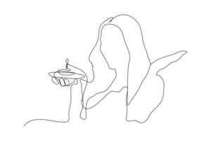 ein Mädchen ist Stehen mit ein Kuchen im ihr Hand kontinuierlich Linie Zeichnung . jung Mädchen Linie Kunst Betauung Vektor. Single Linie Zeichnung vektor