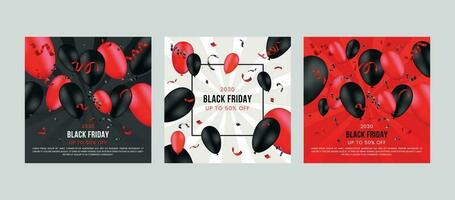 schwarz Freitag Verkauf Promo Plakate. dunkel Hintergrund mit schwarz und rot Luftballons zum saisonal Rabatt Angebot, Sozial Medien Prämie Vektor Vorlage einstellen