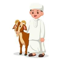süß Moslem Junge mit Ziege Karikatur. Hand gezeichnet eid al-adha Junge und Ziege Illustration, eid al adha Mubarak Charakter. Vektor Illustration