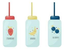 vektor uppsättning med söt barn flaskor för drycker med Söt design - jordgubbe, persika, banan