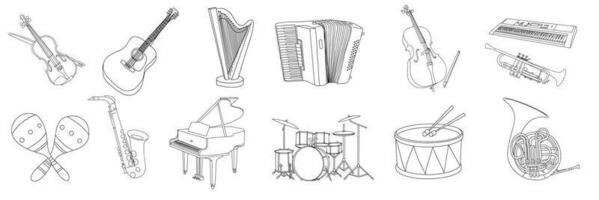 groß Sammlung von Gekritzel Musical Instrumente. Geige, akustisch Gitarre, Harfe, Akkordeon, Cello, Synthesizer, Trompete, Marakas, Saxophon, Klavier, Trommel Satz, Trommel, Französisch Horn. Vektor Illustration.