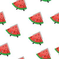 sömlös vattenmeloner mönster. vektor bakgrund. platt design. vektor illustration. tecknad serie vattenmelon sömlös mönster, röd textur med frön.