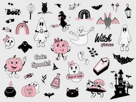 rosa halloween uppsättning, häftig halloween bunt, vit ark spöke maskot, rosa pumpa i retro stil vektor