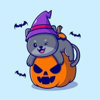 niedliche hexe katze umarmung kürbis halloween cartoon vektor symbol illustration. tierurlaub symbol konzept isoliert premium vektor. flacher Cartoon-Stil