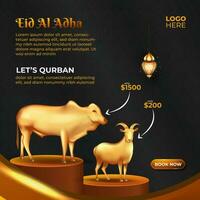 eid al adha Qurban Sozial Medien Vorlage mit Ziege, Kamel und Kuh zum Poster, Banner Design. Vektor Illustration