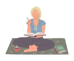 jung Frau mit blond Haar Sitzung auf das Teppich und lesen ein Buch. Bildung Hobby Konzept. Vektor Illustration isoliert auf Weiß Hintergrund.