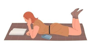 flicka i en klänning läsning en bok liggande på de golv. utbildning hobby begrepp vektor illustration