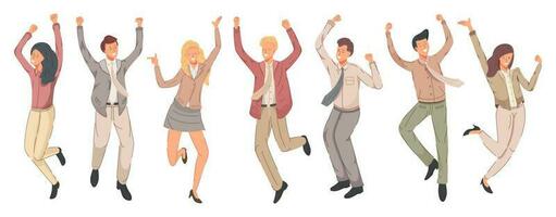 Lycklig företag människor glädjas och hoppa för glädje vektor illustration. glad anställda fira seger.