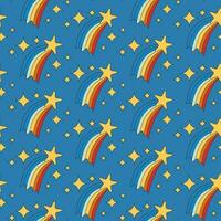 kindisch Karikatur retro nahtlos Muster mit Sterne und Regenbogen auf Blau Hintergrund. einzigartig Kinder Vektor Design. Ideal zum Kinder Textil, Hintergrund, Verpackung, Hintergrund, Innere Dekor.