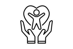 medizinisch Gesundheit Pflege Symbol. Hand Symbol mit Menschen und Herz. Symbol verbunden zu gesund Leben, Wohlbefinden. Linie Symbol Stil Design. einfach Vektor Design editierbar