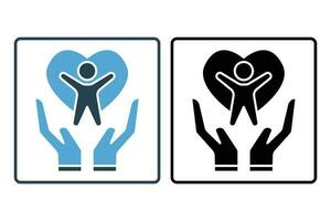 medizinisch Gesundheit Pflege Symbol. Hand Symbol mit Menschen und Herz. Symbol verbunden zu gesund Leben, Wohlbefinden. solide Symbol Stil Design. einfach Vektor Design editierbar