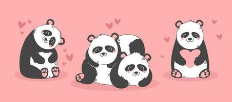 söt rolig tecknad serie panda par i kärlek. djur karaktär med hjärtan. valentine dag romantisk teckning. barn bebis design. vektor