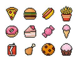 snabb mat pixel konst uppsättning av ikoner, årgång, 8 bit, 80-tal, 90s spel, dator arkad spel föremål, kaka, is grädde, godis, vektor illustration