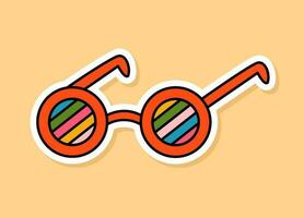 Vektor retro Regenbogen Brille Aufkleber isoliert auf Gelb Hintergrund. 70er Jahre Stil Karikatur Zubehörteil mit Weiß Kontur