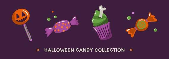 bunt Sammlung von Hand gezeichnet Süßigkeiten im Karikatur Stil. traditionell Halloween Elemente vektor