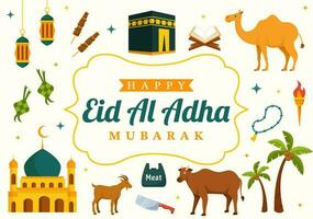 glücklich eid al adha Mubarak Vektor Illustration von Muslime Feier mit Opfer Tiere Ziege und Kuh im eben Karikatur Hand gezeichnet Vorlagen