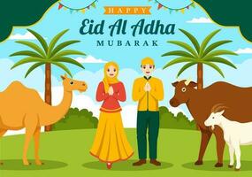 Lycklig eid al Adha mubarak vektor illustration av muslims firande med offer- djur get och ko i platt tecknad serie hand dragen mallar