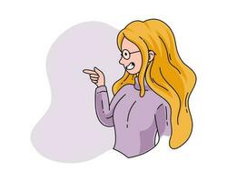 Vektor Illustration Mädchen mit lange Haar und Brille mit ein zeigen Hand eben Gekritzel Stil