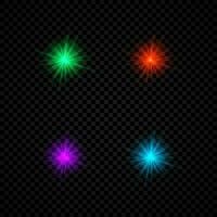 ljus effekt av lins bloss. uppsättning av fyra grön, röd, lila och blå lysande lampor starburst effekter med pärlar vektor