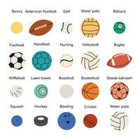 Sport Bälle Hand gezeichnet Symbol Satz. Sport Ausrüstung zum Fußball, Basketball, schleudern und Kricket. Vektor Illustration isoliert auf Weiß Hintergrund.