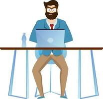 jung heiter Geschäftsmann Charakter Sitzung auf Stuhl und tun Arbeit im Laptop. vektor