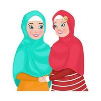 karaktär av en glad islamic kvinnor kramas varje Övrig. vektor