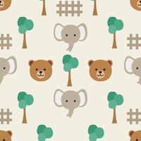 sömlösa mönster med söt björn elefant och träd vektor