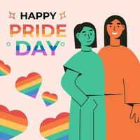 Lycklig stolthet dag HBTQ fyrkant baner mall. par av HBTQ kvinnor stående, kramas tillsammans. färgad platt vektor illustration.