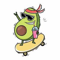 cool Avocado Fahrten Skateboard und Getränke Cocktail mit Stroh. komisch Sommer- Illustration im Gekritzel Stil. vektor