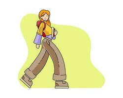 Vektor Illustration von ein Mädchen Gehen Tragen Buch und Tasche auf zurück eben Gekritzel Stil