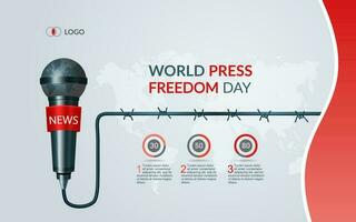 Welt Drücken Sie Freiheit Tag, Infografik Welt Drücken Sie Freiheit Tag, mit Design mit Widerhaken Drähte und Mikrofon 3d Vektor Illustration