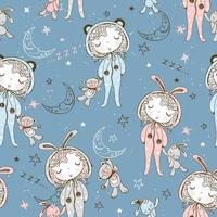 nahtloses Muster mit Kindern im Pyjama mit Häschenspielzeug und Teddybär seine Zeit zu schlafen Vektor