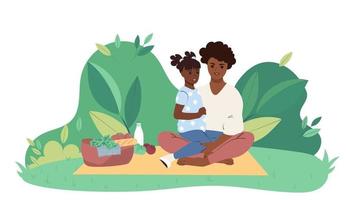 afroamerikanische Mutter und Tochter haben ein Picknick in der flachen Vektorillustration des Stadtparks vektor