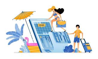 välj datum för flygbiljett för semester till tropisk ö strand köp semesterbiljetter till bali med mobilappar illustration kan användas för målsida banner webbplats webbaffisch broschyr vektor