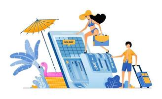 Wählen Sie das Datum des Flugtickets für den Urlaub auf der tropischen Insel Strand Kauf von Urlaubstickets nach Bali mit mobilen Apps Illustration kann für Landingpage Banner Website Web-Poster-Broschüre verwendet werden vektor