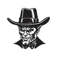 Teufel tragen Hut, Jahrgang Logo Linie Kunst Konzept schwarz und Weiß Farbe, Hand gezeichnet Illustration vektor