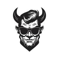 Teufel tragen Sonnenbrille, Jahrgang Logo Linie Kunst Konzept schwarz und Weiß Farbe, Hand gezeichnet Illustration vektor