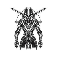 slåss utomjording cybernetisk, årgång logotyp linje konst begrepp svart och vit Färg, hand dragen illustration vektor