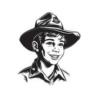 unge i pojke spana hatt, årgång logotyp linje konst begrepp svart och vit Färg, hand dragen illustration vektor
