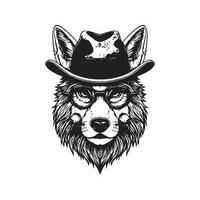 Hipster Wolf, Jahrgang Logo Linie Kunst Konzept schwarz und Weiß Farbe, Hand gezeichnet Illustration vektor