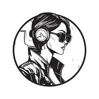 mode cyberpunk flicka, årgång logotyp linje konst begrepp svart och vit Färg, hand dragen illustration vektor