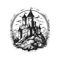 mittelalterlich Schloss, Jahrgang Logo Linie Kunst Konzept schwarz und Weiß Farbe, Hand gezeichnet Illustration vektor