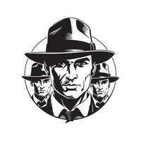 gangster bär fedora hatt, årgång logotyp linje konst begrepp svart och vit Färg, hand dragen illustration vektor