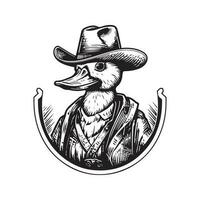 Cowboy Ente, Jahrgang Logo Linie Kunst Konzept schwarz und Weiß Farbe, Hand gezeichnet Illustration vektor