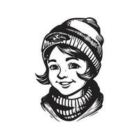 kvinna bär sötare och keps, årgång logotyp linje konst begrepp svart och vit Färg, hand dragen illustration vektor
