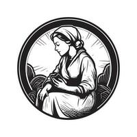 kvinna introspektion, årgång logotyp linje konst begrepp svart och vit Färg, hand dragen illustration vektor